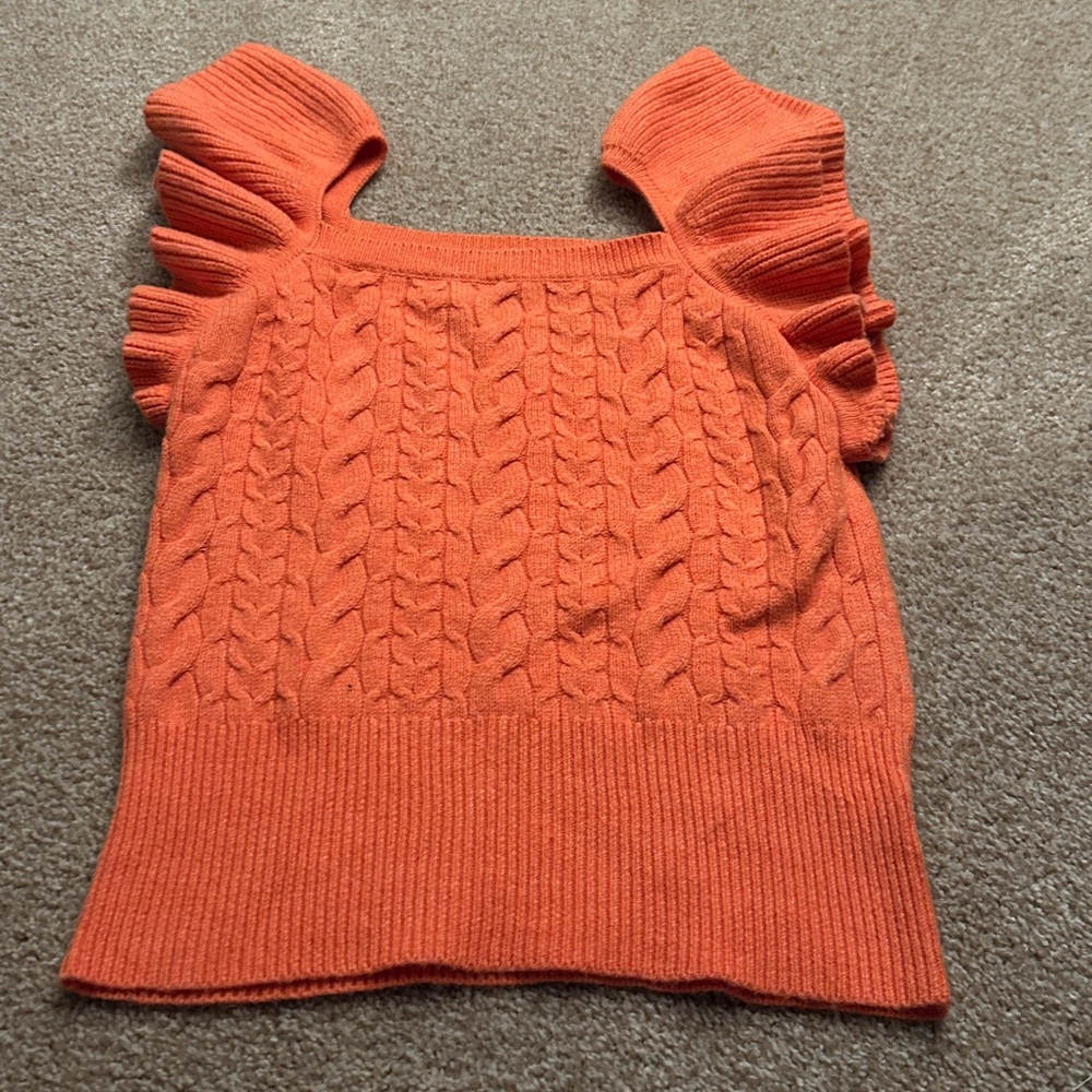 Cotton Blend Orange Flutter Sleeve Square Neck Cable Knit Sweater Ribbed XSm